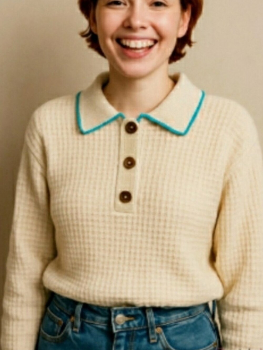 BDG Cream Waffle-Knit Polo Sweater with Turquoise Trim